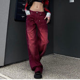 Jean droit délavé rouge rétro taille haute pantalon ample à jambes larges
